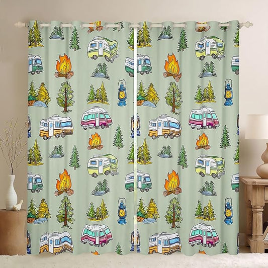 Feelyou Vintage Green Camper Curtains for Bedroom Living Room Rustic Camping Trailer Blackout Shades Happy Camping Room Darkening Curtain Window Treatments, 2 Panels 52 x 90 Inch Decor