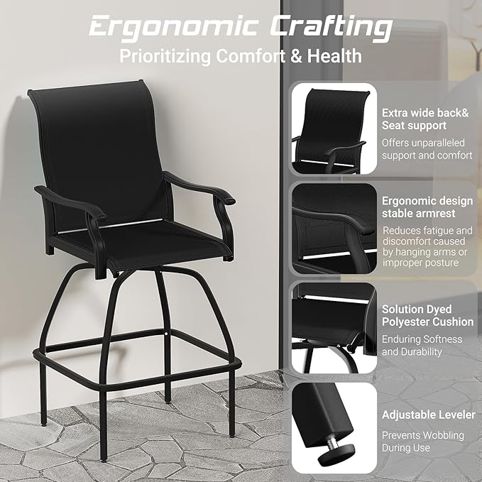 LEVELEVE Patio Bar Set 2pcs Swivel Bar Stools Outdoor Bistro Textilene Furniture Stability All-Weather Set (3, Black Padded)