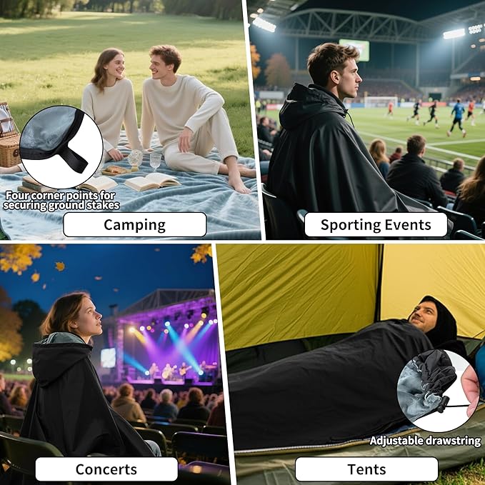 Large Camping Blanket, Hooded Stadium Blanket with Crystal Velvet Lining, Waterproof Windproof Warm Outdoor Blankets for Camping, Picnic, Stadium, Sports, Beach, Concerts (59"x 79")