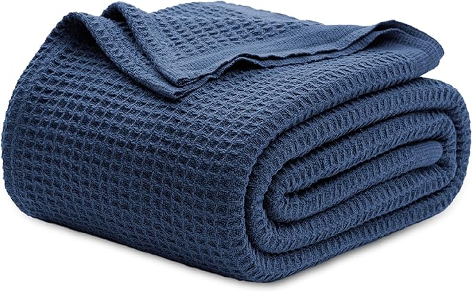 Bedsure Gentlesoft 100% Cotton Blanket King Size for Bed - Breathable and Soft, Waffle Weave Blanket for Summer, Thick Cozy Fall Blankets for Women Gift, Navy, 104x90 inches