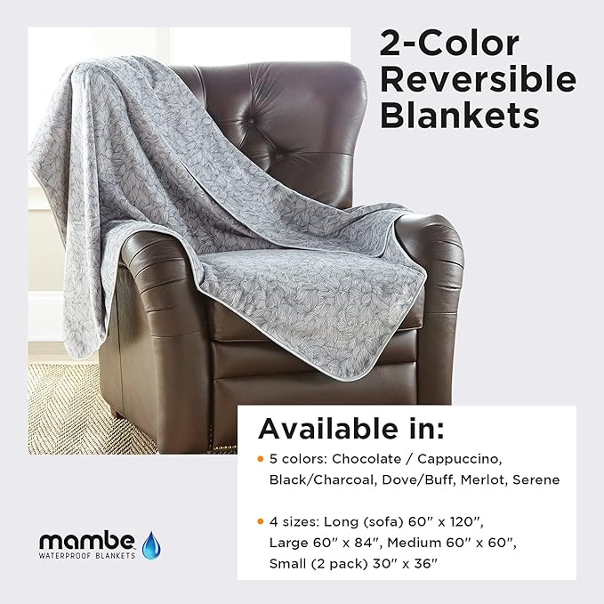 Mambe Silky Waterproof Throw for Protecting Furniture Bed Couch from Stains Caused by Dogs, Cats, Incontinence. Soft, Washable, Reversible. (Size Long/Sofa 70x120 inches, Color Serene)