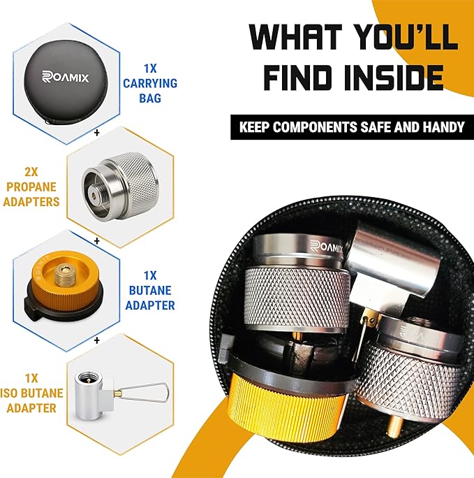 Roamix 4PCS Multi Fuel Gas Adapter Set - EN417 Lindal Valve & Butane to Propane Adapter for Camping Stove with Carrying Bag