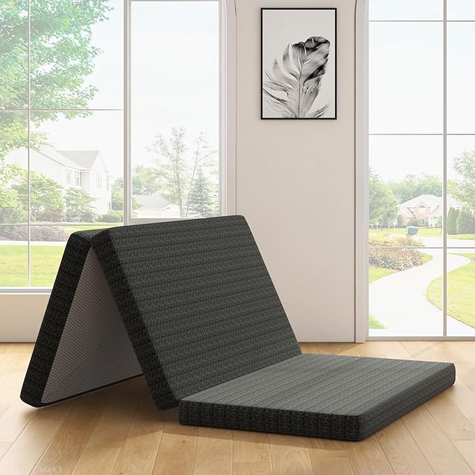4 Inch Gel Memory Foam Mattress Queen Size, Portable Tri-Folding Mattress with Washable Cover, for Guest Bed, Camping, Travel, Dormitory, Black