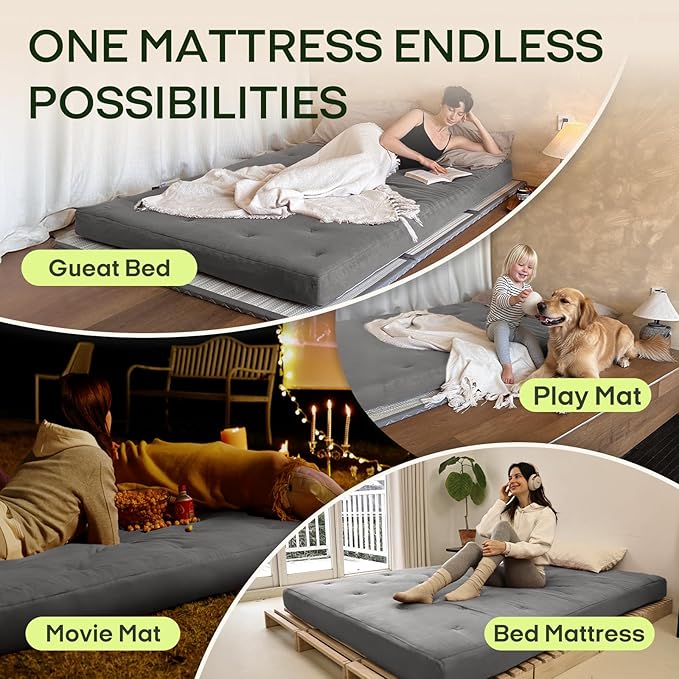 ZonLi Japanese Floor Futon Mattress Full Size 54"x 75",100% Cotton Cover 6'' Thicken Tatami Mattress,Foldable Sleeping Pad,Portable Dormitory Tatami Mat,Roll Up Floor Lounger Bed for Adult (Grey)