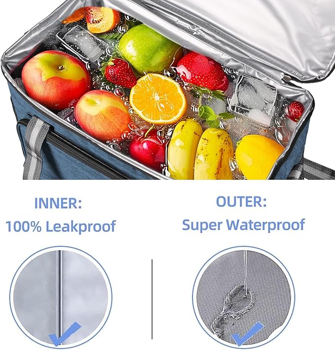 iknoe Large Cooler Bag Collapsible, 24L Insulated Bags, Leakproof Lunch Cooler Tote with Multi-Pockets for Adult Insulated Thermal Bag for Beach, Picnic, Office Work, Navy Blue 36-Can