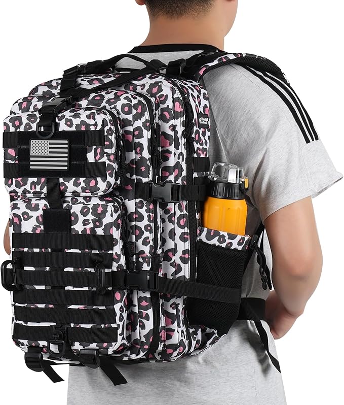 45L MOLLE Assault Backpack, Tactical Backpack Military Army Camping Rucksack with Bottle Holder, 3-Day Pack Trip w/USA Flag Patch, D-Rings, Leopard