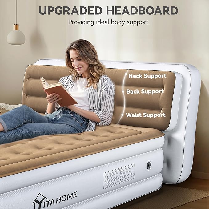 YITAHOME Queen Size Air Mattress with Pump and Banded Headboard, 18in Luxury Flocked Top Blow up Mattress, Durable Inflatable Mattress for Home & Guests, Brown AirBed