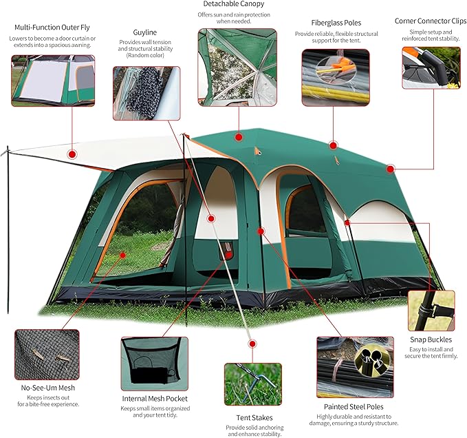 Large Family Standing Upright Camping Tent - 5-12 Persons Multi-Room Waterproof Tent with Screened Porch - Glamping Tent for Outdoor Camping & Family Vacation