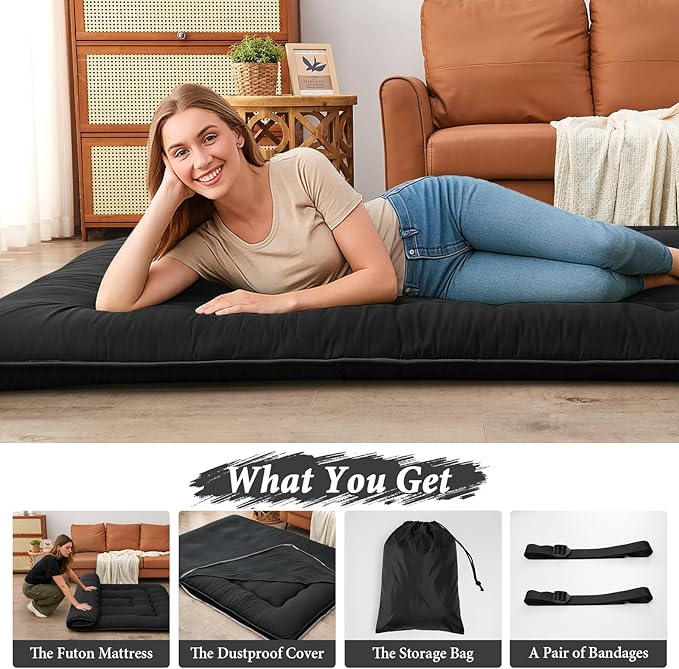 DAICO Japanese Floor Mattress, 4'' Thicken Futon Mattress Tatami Mat, Sleeping Pad Foldable Roll Up Mat for Camping and Guest Room, Queen Size 60''*80'', Black