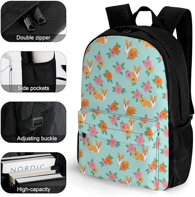 Lightweight Backpack for Gym Travel Bicycle, Big Capacity Multipurpose Anti-Theft Carry On Bag, Corgi Dogs Flowers Floral Travel Hiking Bag Day Pack