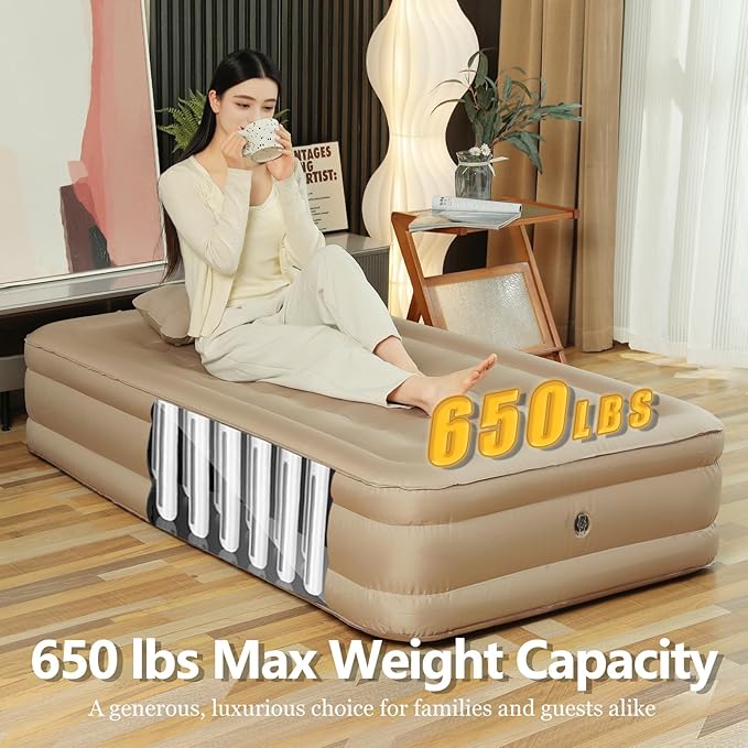 Twin Air Mattress with Fast Inflation Pump, Air Mattress - Leak-Free & Odorless Inflatable Bed for Travel and Guests, Supports up to 650 lbs - Ideal for Camping and Home, 16" Height