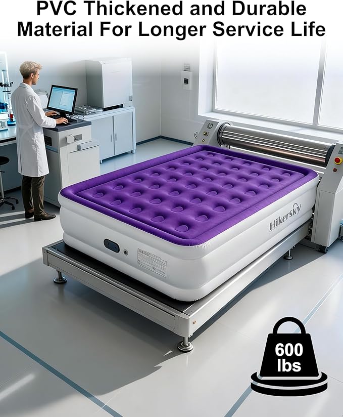Queen Air Mattress with Built in Pump, Inflatable Mattress for Home, Blow up Air Bed 3 Min Quick Inflation and Deflation, Thin Velvet Top, 18'' Queen Size Purple