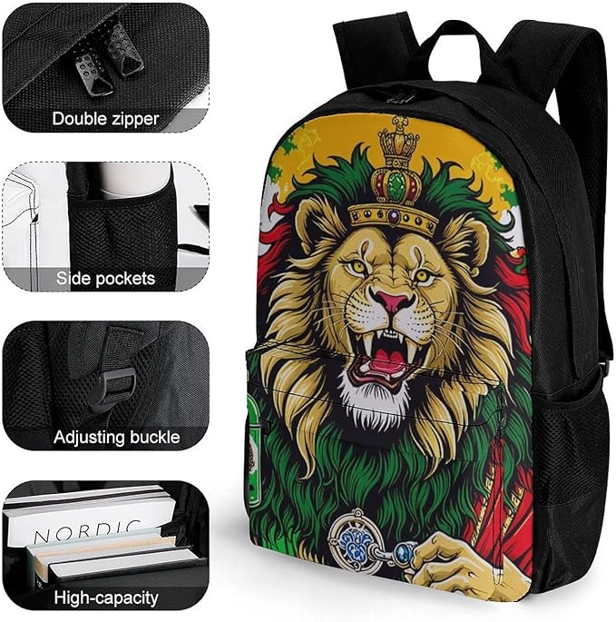 Men Women Lightweight Lion Judah Weedleaf Smoke Art Backpack Large Capacity Bookbag With Smooth Zippers for Gym Business Running