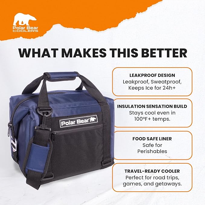 Polar Bear Coolers - Original Soft Cooler Bag - Insulated Leak Proof Beach Cooler Bag, Small Thermal Bags for Travel - Heavy Duty & Portable - Sweat Proof Picnic Carrier - Nylon