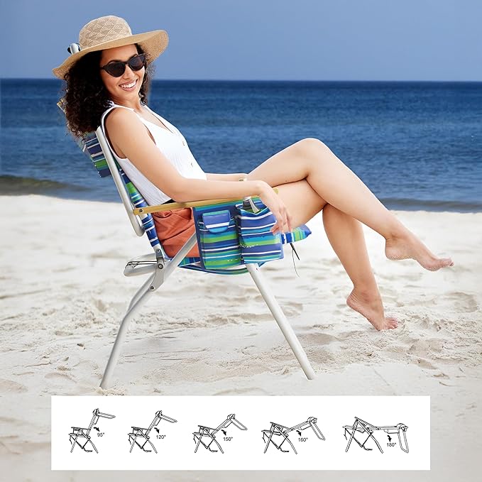 Tall Beach Chairs for Adults, 17" High Backpack Beach Chair with Wooden Armrests, 5 Positions Reclining Heavy Duty Chair with Large Cooler Pouch, Support to 350LBS Striped Blue&Green,2pack