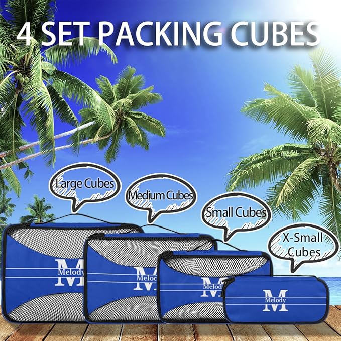 Custom 4 Packing Cubes Set, Lightweight Mesh Travel Luggage Organizers for Travel, 4 Pieces Suitcase Storage Bags, Navy Blue with Initial letter