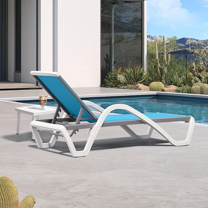 PURPLE LEAF Patio Chaise Lounge Chair Set Outside Aluminum Plastic Stackable Tanning Chairs with Armrests and Side Table for Pool Sunbathing Beach Deck Outdoor Lounger, Turquoise Blue