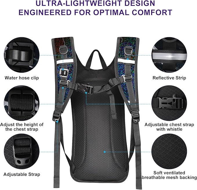 Hydration Backpack,Water Backpack with 2L Water Bladder,Festival Essential-Rave Hydration Pack,Lightweight Insulation Hydropack for Outdoor,Hiking,Running,Biking,Music Festival for Men Women