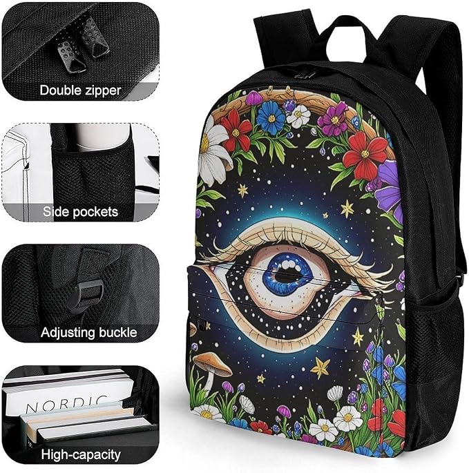 Supdreamc Shoulder Book Bags Anti-Theft Multipurpose Big Capacity Bookbag, Psychedelic Flower Eye Mushroom Trippy Art Travel Hiking Backpack With Smooth Zippers