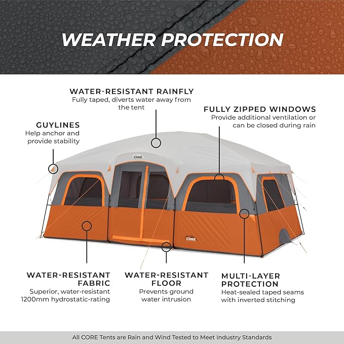 CORE Tent for Family Camping | 10 Person / 11 Person / 12 Person Large Multi Room Cabin Tents for Car Camping & Outdoor Adventures