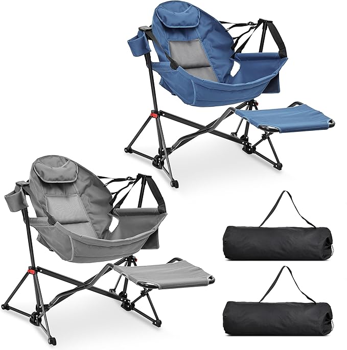 Ainfox Hammock Camping Chair with Footrest, Heavy Duty Foldable Portable Rocking Hammock Chairs Outside Swinging Camp with Cup Holder Pillow for Outdoor Patio Poolside Grey Dark Blue