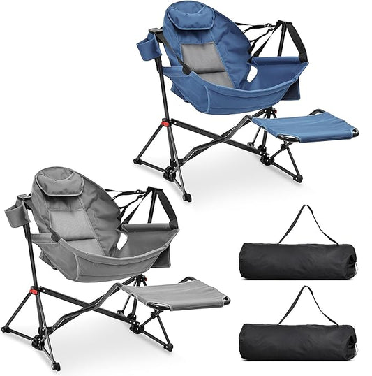 Ainfox Hammock Camping Chair with Footrest, Heavy Duty Foldable Portable Rocking Hammock Chairs Outside Swinging Camp with Cup Holder Pillow for Outdoor Patio Poolside Grey Dark Blue