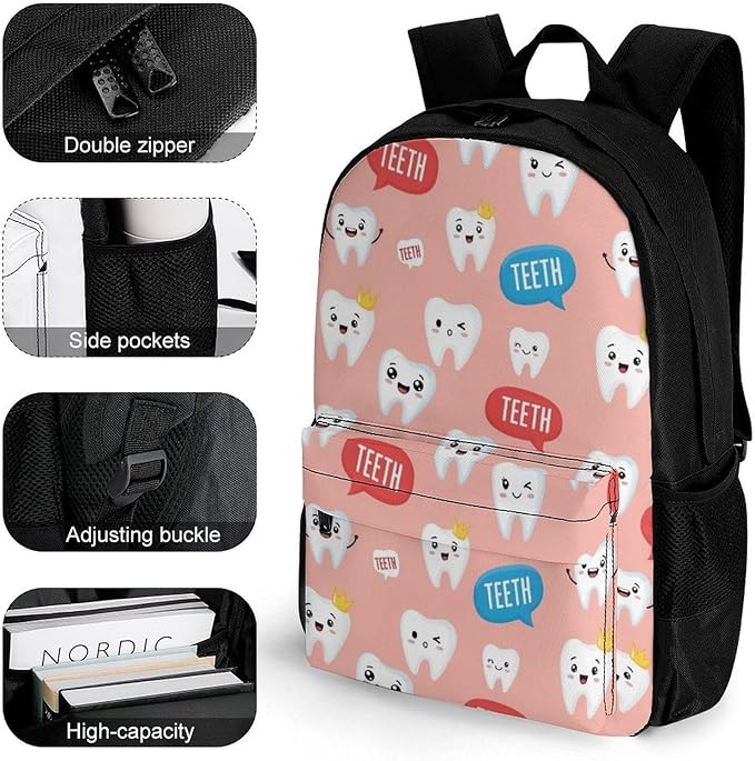 Men Women Lightweight Kawaii Dentist Teeth Pink Art Backpack Large Capacity Carry On Bag With Padded Straps for Sports Work Walking Cycling