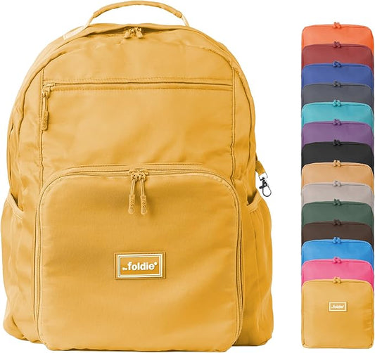 The Foldie Packable Backpack for Travel 32L - Lightweight Foldable Backpacks with Trolly Sleeve & RFID Protection - Water-repellent Casual Daypack Backpacks for Hiking, Camping & Gym - Yellow