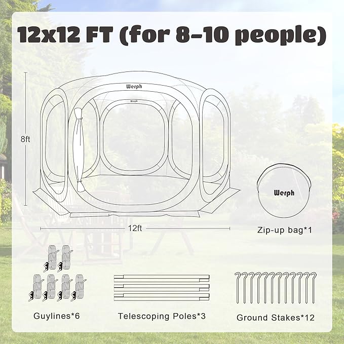 12x12 Pop Up Screen Tent, Mosquito Net Gazebo, UV Resistant Roof Waterproof Screen Canopy, Quick Setup Outdoor Shelter for Backyard, Patio, Garden, Picnic, Camping and Events, Green