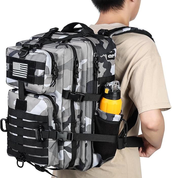 45L MOLLE Assault Pack, Tactical Backpack Military Army Camping Rucksack with Bottle Holder, 3-Day Pack Trip w/USA Flag Patch, D-Rings, Urban