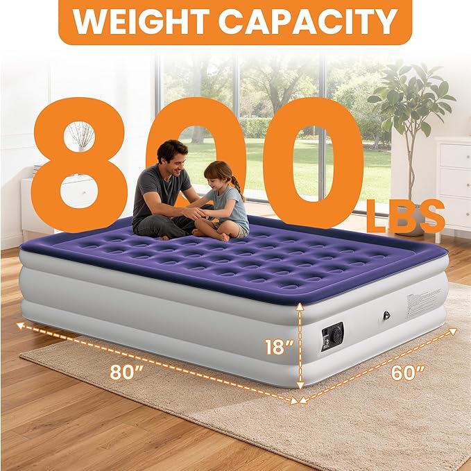Queen Air Mattress with Built-in Pump, 18 Raised Inflatable Air Mattress, 800 lbs Max Honeycomb Comfortable Air Bed with Storage Bag, for Camping, Home and Guest Use