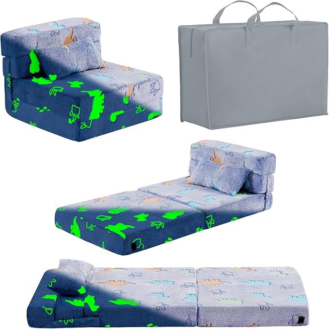 Folding Sofa Bed Floor Mattress for Kids with Pillow Toddler Glow in Dark Washable Mat for Sleeping, Child Fold Up Dinosaur Chair Bed with Storage Bag for Playroom, Camping, Girls Boys, Blue