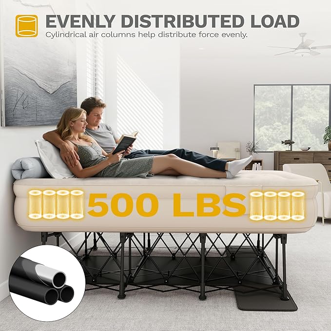 DWVO Inflatable Queen Air Bed with Folding Frame & Rolling Bag, Built-in Pump Blow Up Mattress for Camping, Guest Room & Travel, Portable Air Mattress with Case, 79 x 59 x 28 Inches, Brown