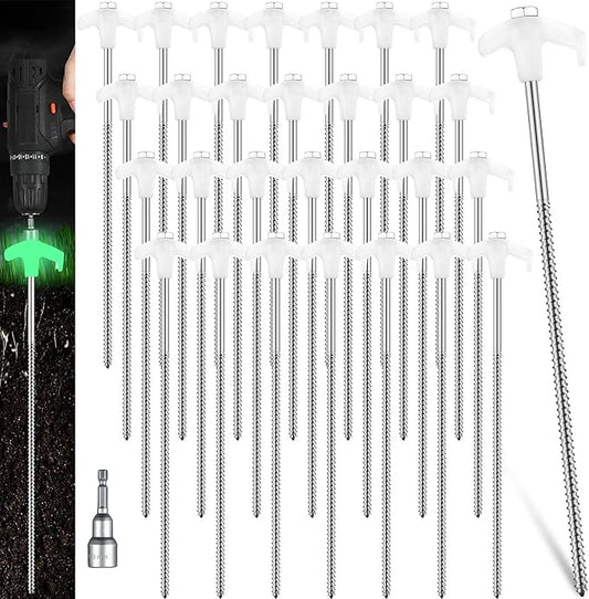 Hicarer 20 Pcs 12 Inch Tent Stakes Screw in Camping Stakes Heavy Duty Metal Spikes Ground Anchor Peg Threaded Tent Spikes with Hex Head Driver for Camping Garden Inflatable (Luminous White)