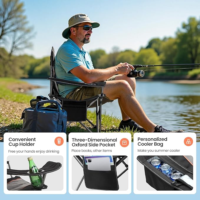 HIGH POINT SPORTS Oversized Camping Folding Chair, Heavy Duty Portable Lawn Chairs, Folding Chairs for Outside with Cup Holder and Cooler Bag for Camp, Travel, Support 450 LBS, 2 Pack, Black