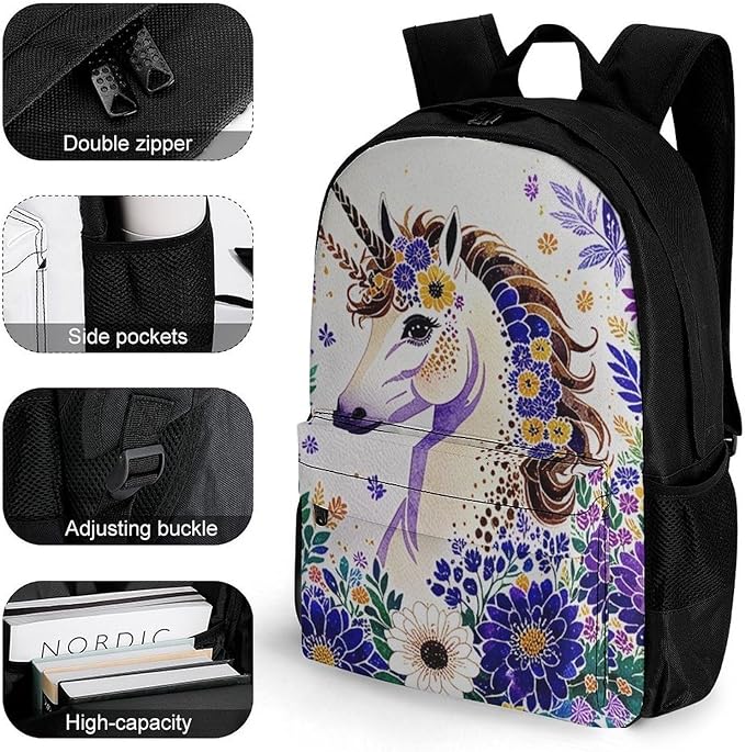 Supdreamc Polyester Daypack Backpack for Trekking Picnic Walking Cycling, Large Capacity Anti-Theft Multipurpose Shoulder Bag, Unicorn Purple Flower Casual Daypack