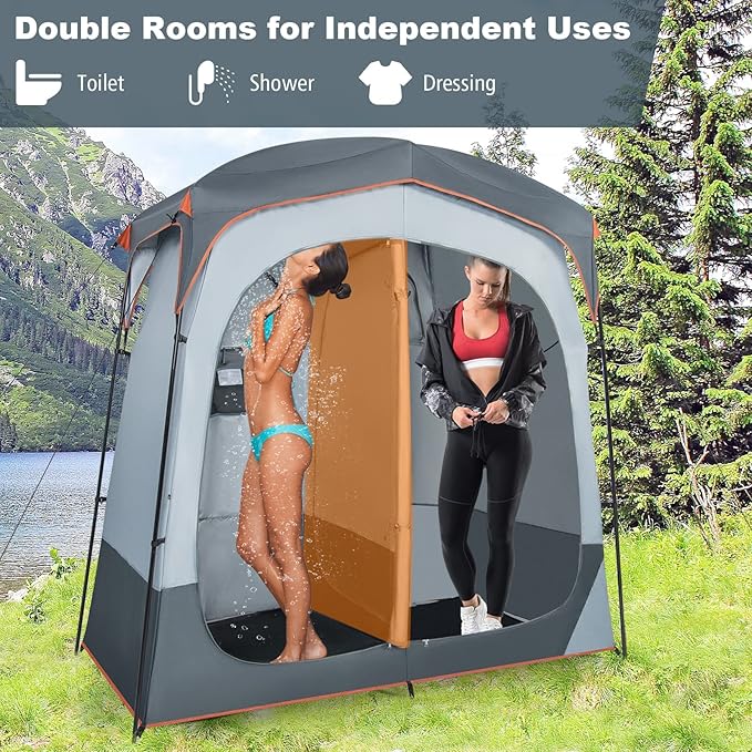LDAILY Camping Shower Tent, 2 Room Instant Privacy Tent with Floor, Removable Rain Cover, Mesh Window, Inside Pocket and Clothesline, Portable Changing Room for Outdoor Toilet, Dressing
