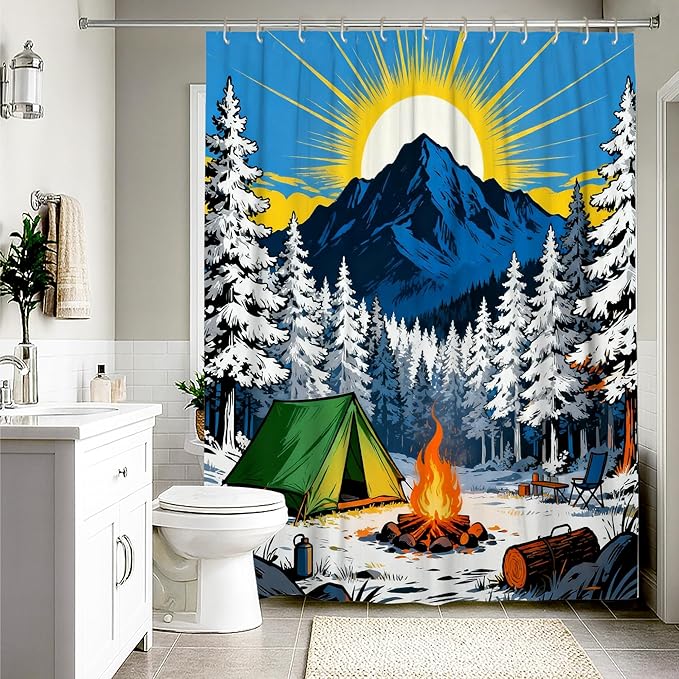 Mountain Extra Long Shower Curtain, Nature Outdoor Tent Campfire Summer Blue Washable with Hooks Decorative Bathroom Curtain Decor for Toile Bathroom Dorm 72x96 Inch