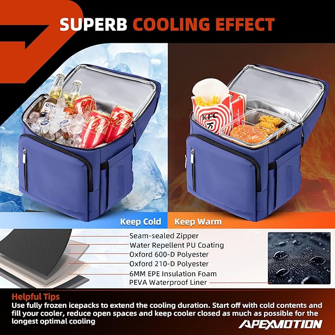 COOLJOB Insulated Cooler Backpack for Men Women, Leakproof Lunch Bag with Waterproof Liner, Double Roomy Deck, RFID, Blue