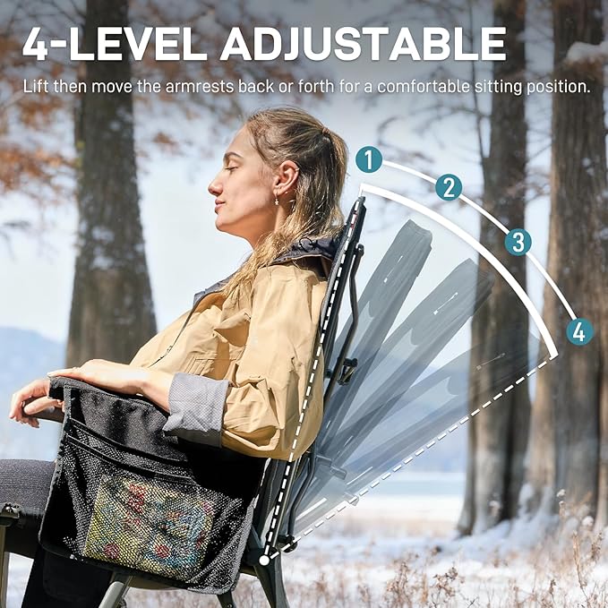 EVER ADVANCED Heated Reclining Camping Chairs for Adult Lightweight, Folding Recliner Chair with Adjustable Back, 4-Level Chairs, Portable Lawn Chairs for Patio Balcony, Supports 350lbs Black