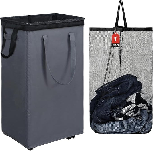 DOKEHOM 90L X-Large Laundry Basket with Removable Wash Bag on Wheels, Collapsible Rolling Laundry Hamper, Foldable Clothes Organizer, Folding Washing Bin (Grey)
