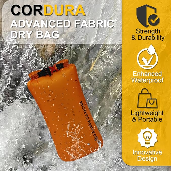 CORDURA Waterproof Dry Bag 10L – Heavy Duty IPX6 Roll Top Sack with Survival Whistle for Kayaking, Camping, Boating, Beach – Lightweight Dry Backpack (Orange)