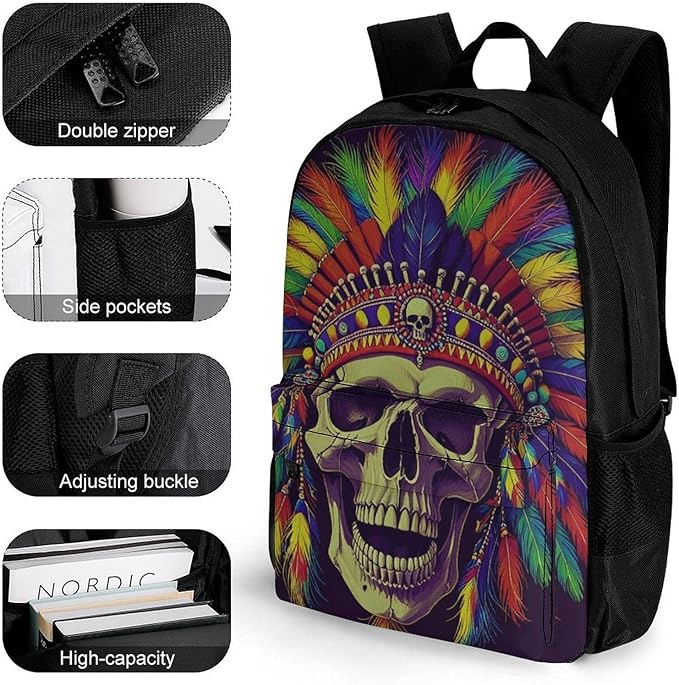 Polyester Daypack Backpack for Trekking Picnic Walking Cycling, Large Capacity Anti-Theft Multipurpose Shoulder Bag, Indian Skull Chief Native Art Casual Daypack