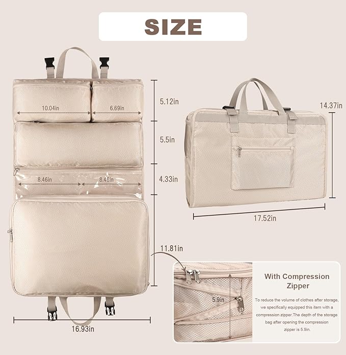 TABITORA Travel Clothes Organizer Portable Hanging Compression Packing Cubes Camp Organizer Travel Cases Suitcase Storage Large Capacity Carry On Closet (Beige)