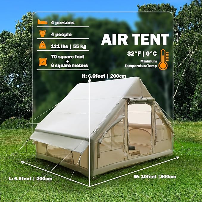 Inflatable Camping Tent, Glamping Inflatable Tent for Camping, 4 Season Water&Windproof Outdoor Oxford Blow Up Cabin Tent with Mesh Windows & Doors for 4-8 People Camping