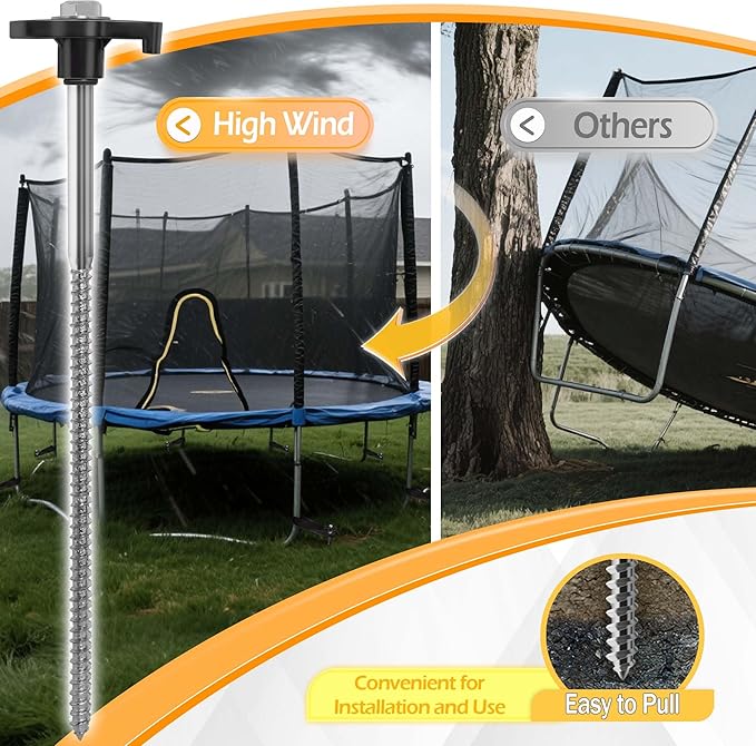 Trampoline Stakes Heavy Duty, 10 Inch 8 Pack Ground Anchor Screw in, Trampoline Earth Anchor Kit with Straps Tent Stakes High Wind Swing Set Accessories for Camping, Securing Animals, Canopy, Sheds
