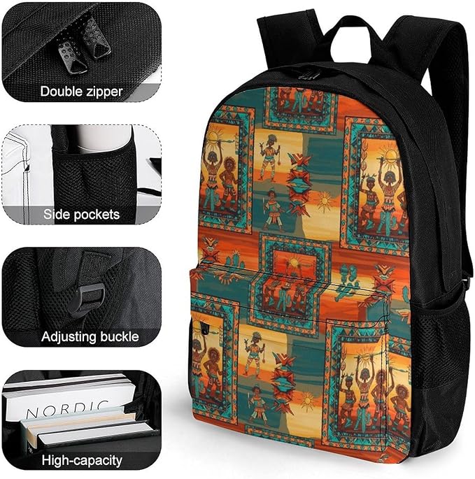 Men Women Polyester Southwest Native American Happy Dance Backpack Large Capacity Bookbag With Smooth Zippers for Climbing Picnic Bicycle