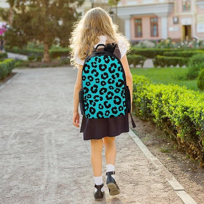Shoulder Book Bags Anti-Theft Multipurpose Big Capacity Bookbag, Turquoise Green Cheetah Leopard Print Travel Hiking Backpack With Smooth Zippers
