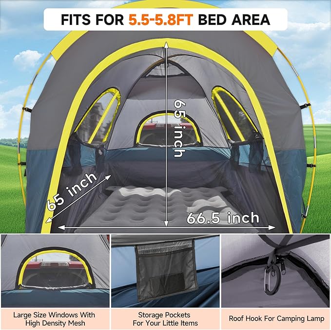 Truck Bed Tent with Awning 5.5' ~ 5.8' Easy Set Up Umburato Pickup Truck Tents for Camping, Waterproof, for 2-3 Person, Chevy, Dodge, Ford, GMC, Navy Blue & Lime