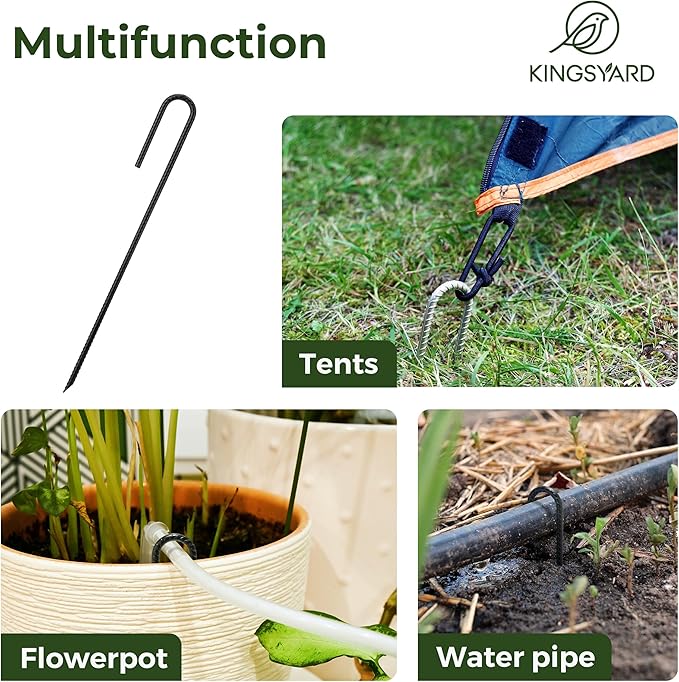 Kingsyard 50 Pack Tent Stakes Heavy Duty, 12 Inch 1/4 Inch Diameter J Shape Hook Rebar Stakes, Galvanized Steel Ground Anchors Metal Spikes for Yard, Hoses Landscape, Chain Link Fence, Black